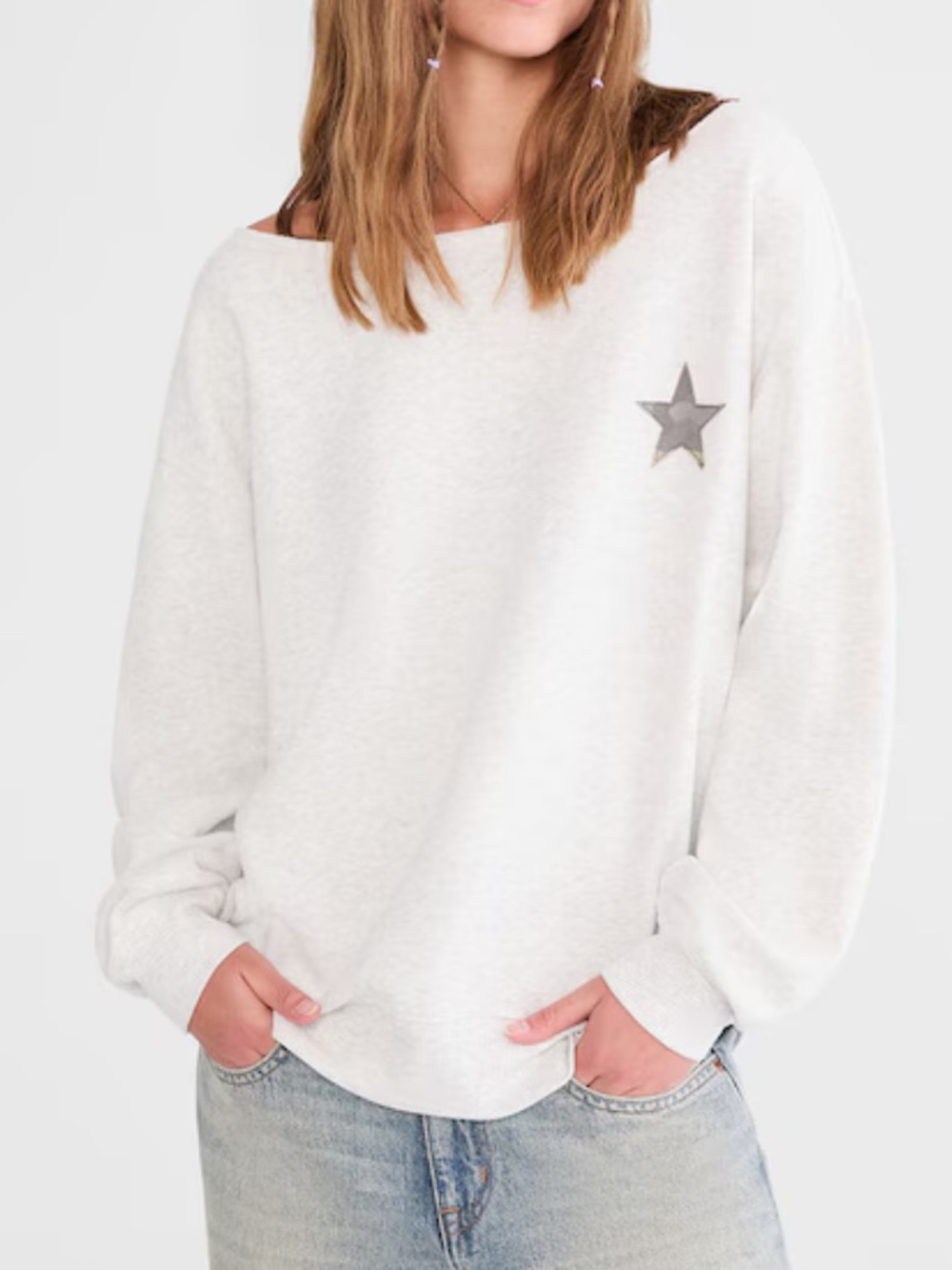 Cloud Soft Camo Star Off-The-Shoulder Sweatshirt with Star Accent